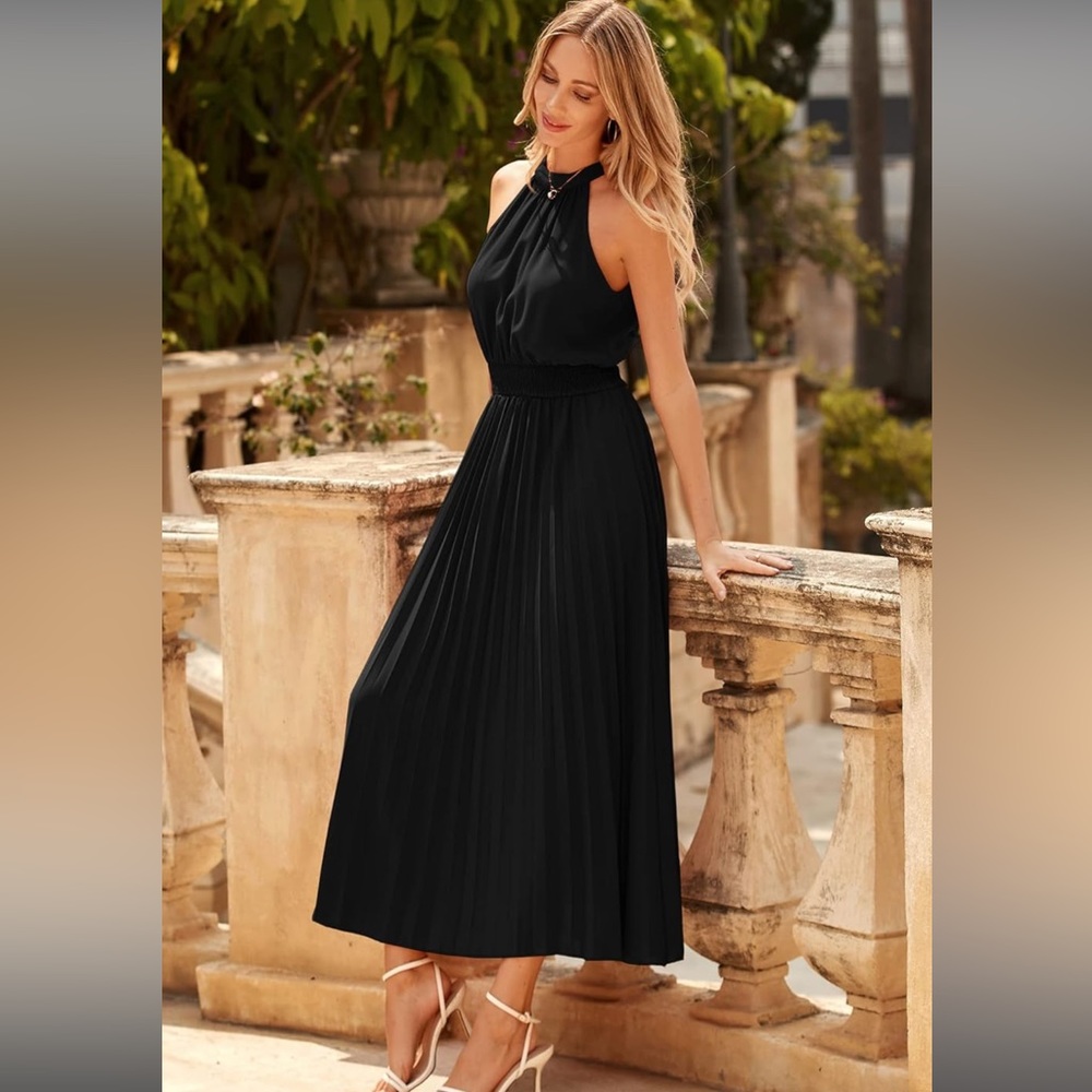 PRETTYGARDEN Women's Long Sun Dresses Sleeveless Halter Neck Flowy Pleated Maxi
